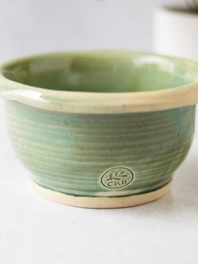 CRB green handmade signed studio pottery planter with drainage hole 5.5" across